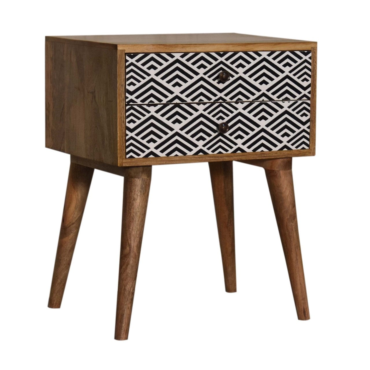 Mid-Century Modern Vector Nightstand - Solid Mango Wood Bedside Table for Bedroom - main view showing handcrafted solid...