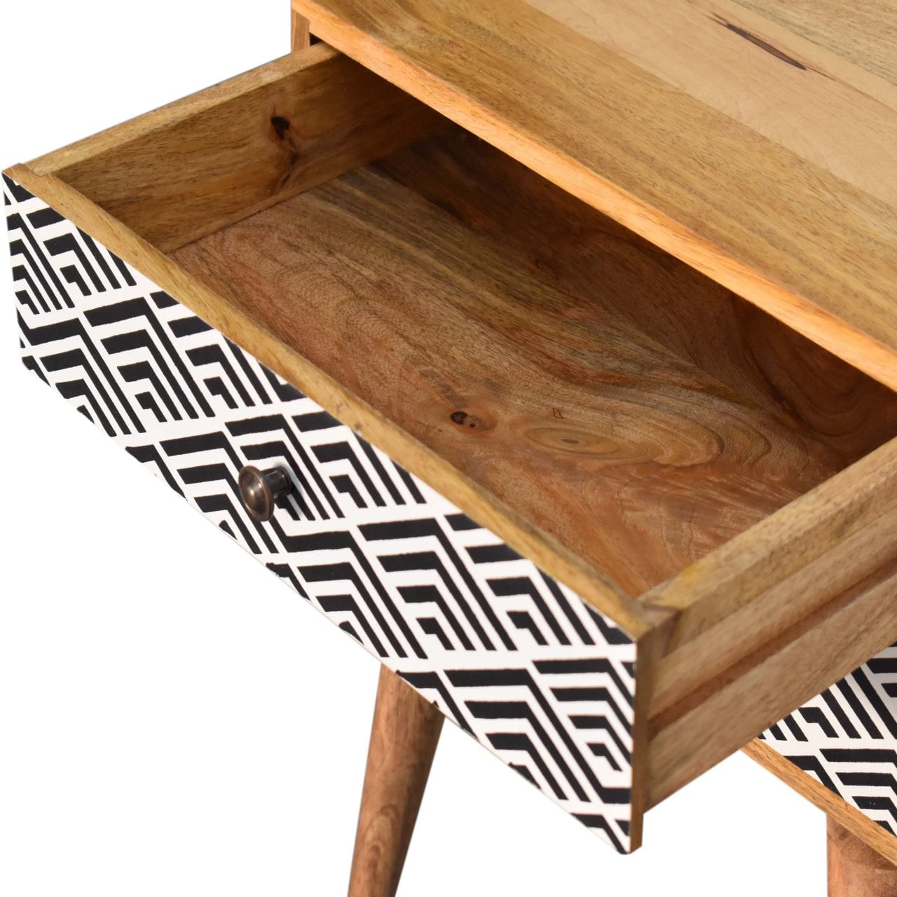 Mid-Century Modern Vector Nightstand - Solid Mango Wood Bedside Table for Bedroom - product view 5 showing handcrafted...