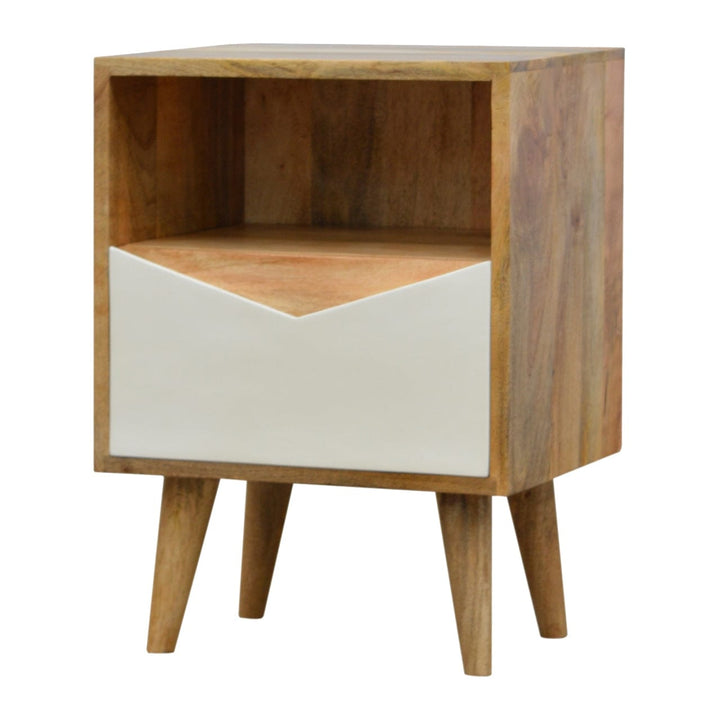 Mid-Century Modern White Envelope Nightstand - Solid Mango Wood Bedside Table for Bedroom - product view 2 showing...