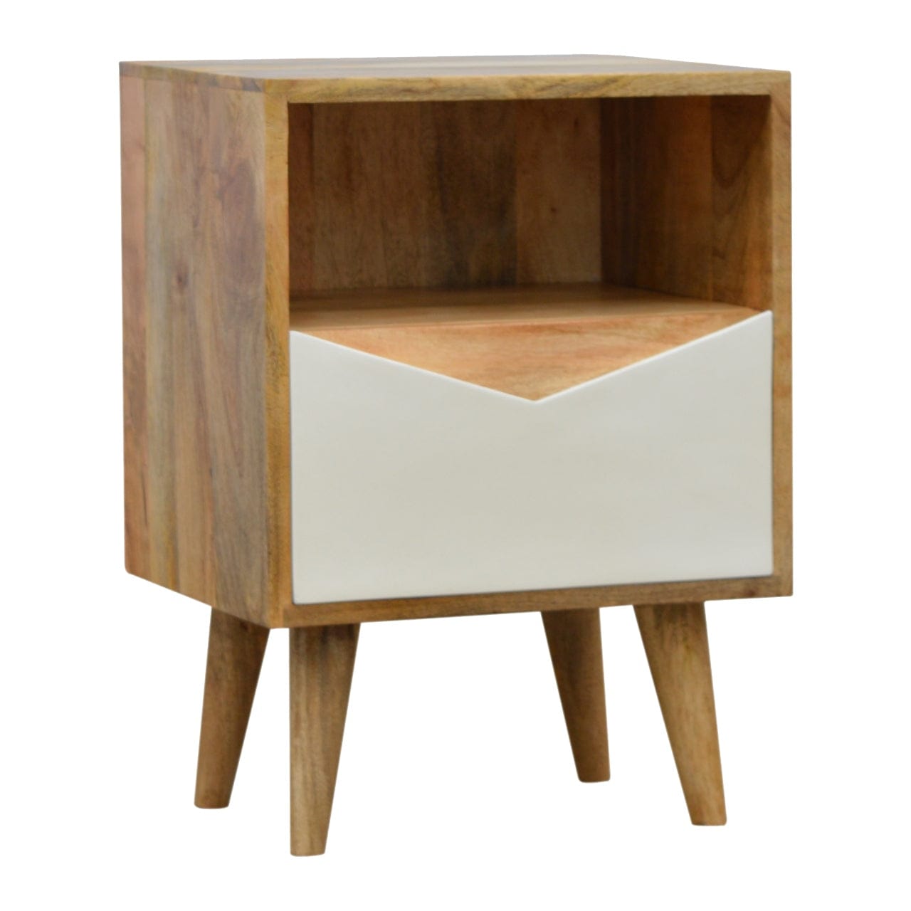 Mid-Century Modern White Envelope Nightstand - Solid Mango Wood Bedside Table for Bedroom - main view showing handcrafted...