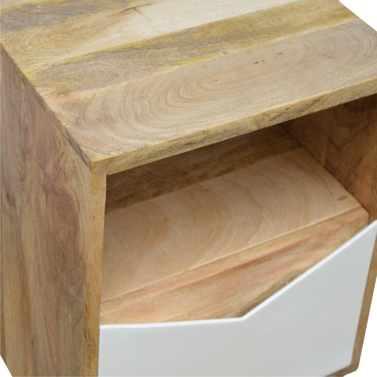 Mid-Century Modern White Envelope Nightstand - Solid Mango Wood Bedside Table for Bedroom - product view 4 showing...