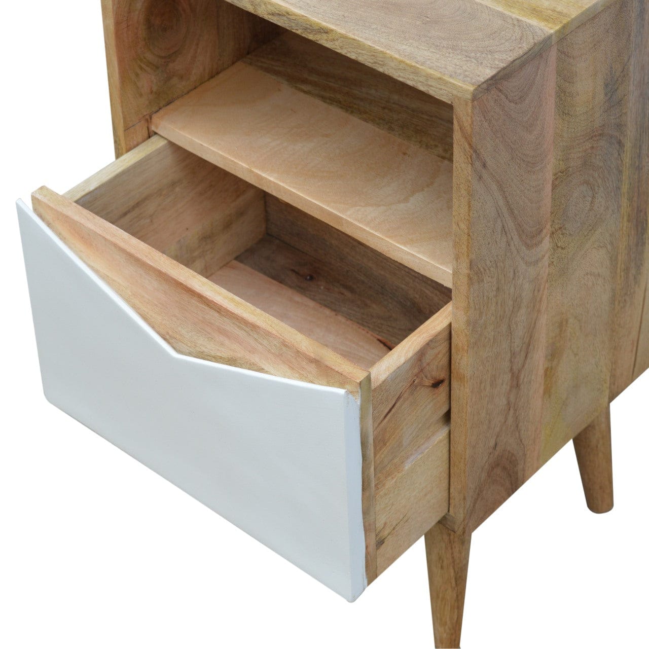 Mid-Century Modern White Envelope Nightstand - Solid Mango Wood Bedside Table for Bedroom - product view 5 showing...