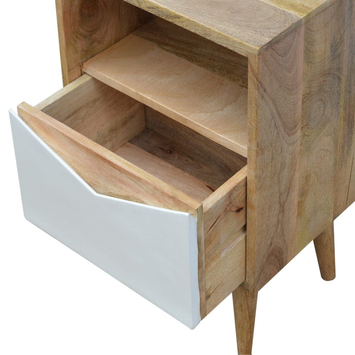 Mid-Century Modern White Envelope Nightstand - Solid Mango Wood Bedside Table for Bedroom - product view 5 showing...