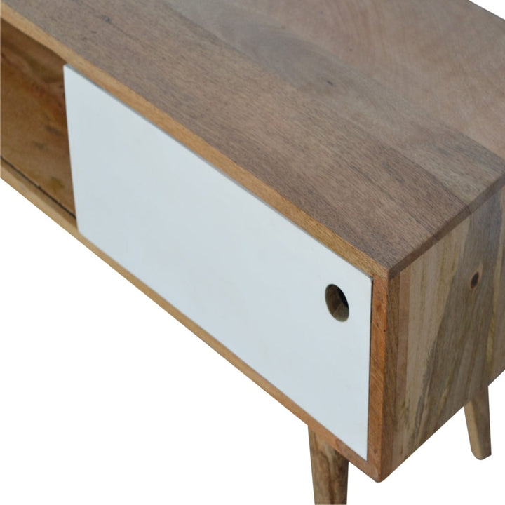 Mid-Century Modern White Sliding TV Stand - Solid Mango Wood Entertainment Center for Living Room - product view 6...