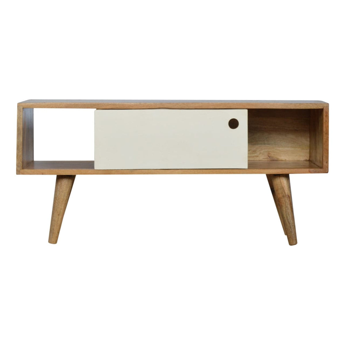 Mid-Century Modern White Sliding TV Stand - Solid Mango Wood Entertainment Center for Living Room - product view 4...