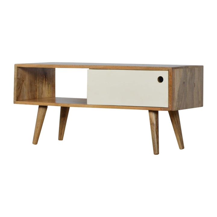 Mid-Century Modern White Sliding TV Stand - Solid Mango Wood Entertainment Center for Living Room - product view 3...