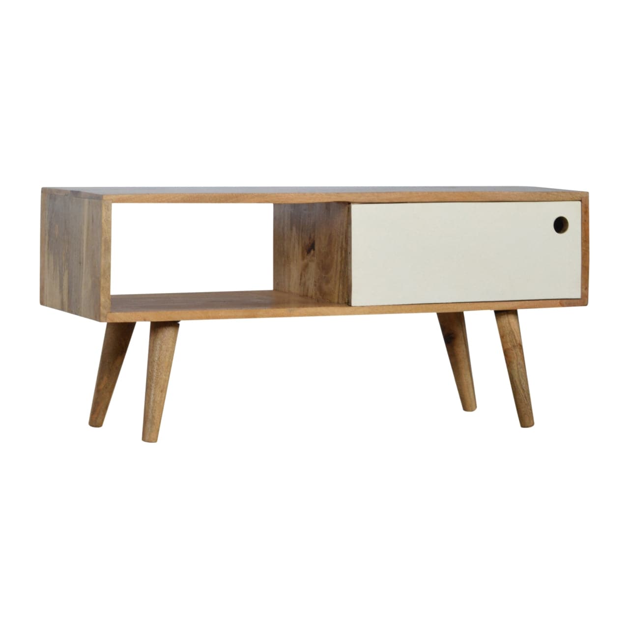 Mid-Century Modern White Sliding TV Stand - Solid Mango Wood Entertainment Center for Living Room - product view 2...