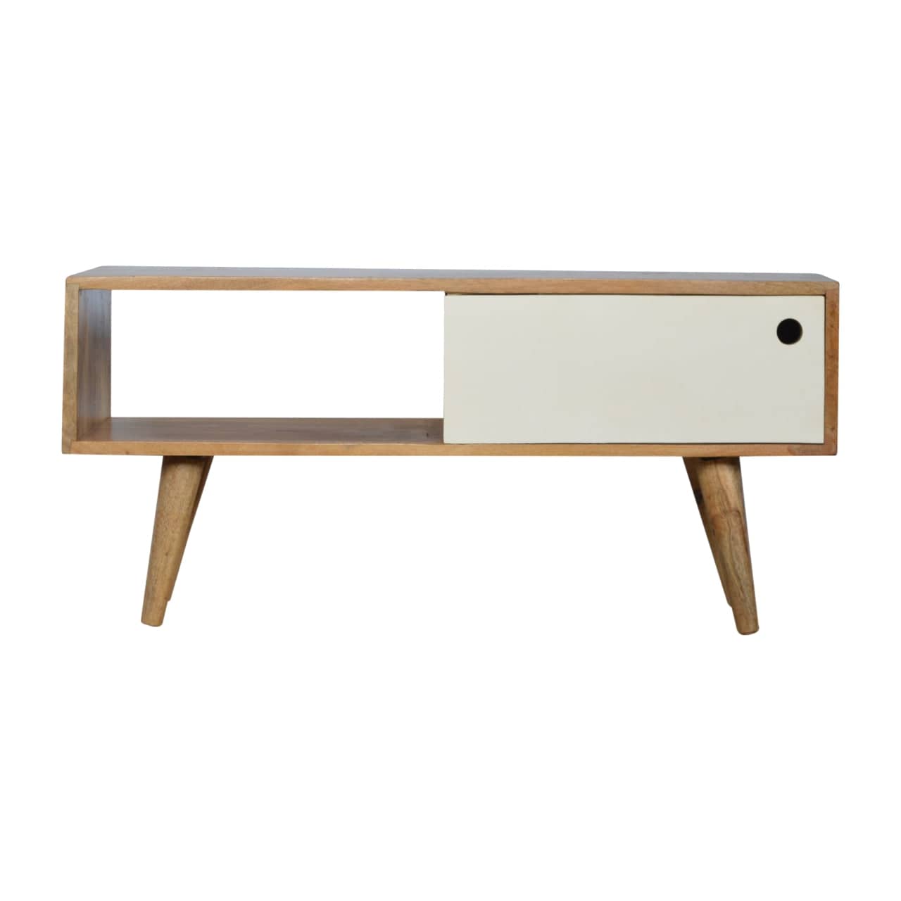 Mid-Century Modern White Sliding TV Stand - Solid Mango Wood Entertainment Center for Living Room - main view showing...
