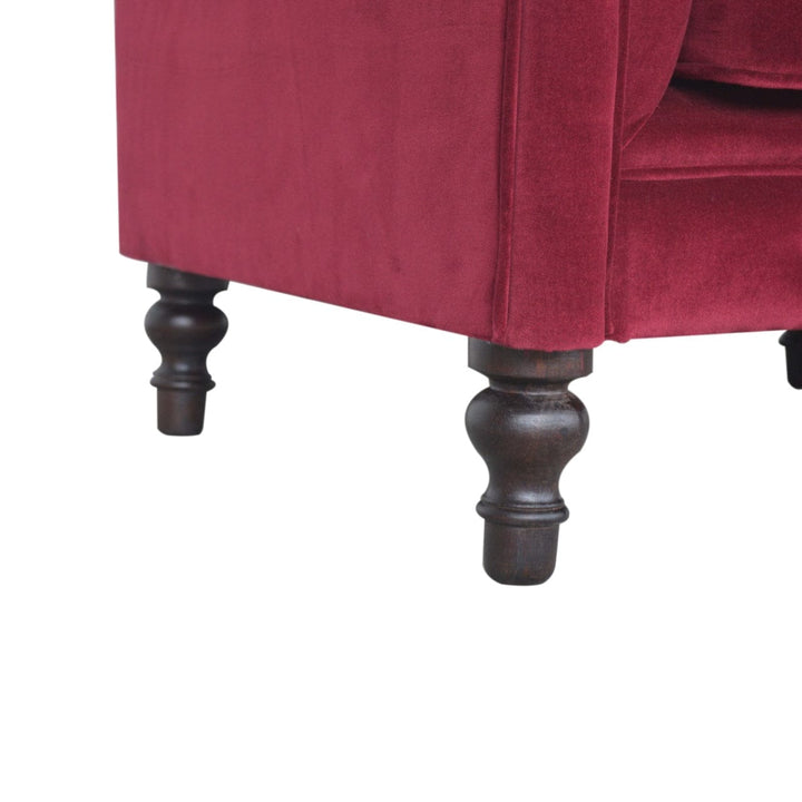 Mid-Century Modern Wine Red Chesterfield Armchair - Solid Mango Wood Accent Chair for Living Room - product view 7...
