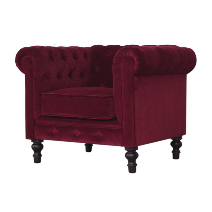Mid-Century Modern Wine Red Chesterfield Armchair - Solid Mango Wood Accent Chair for Living Room - product view 3...