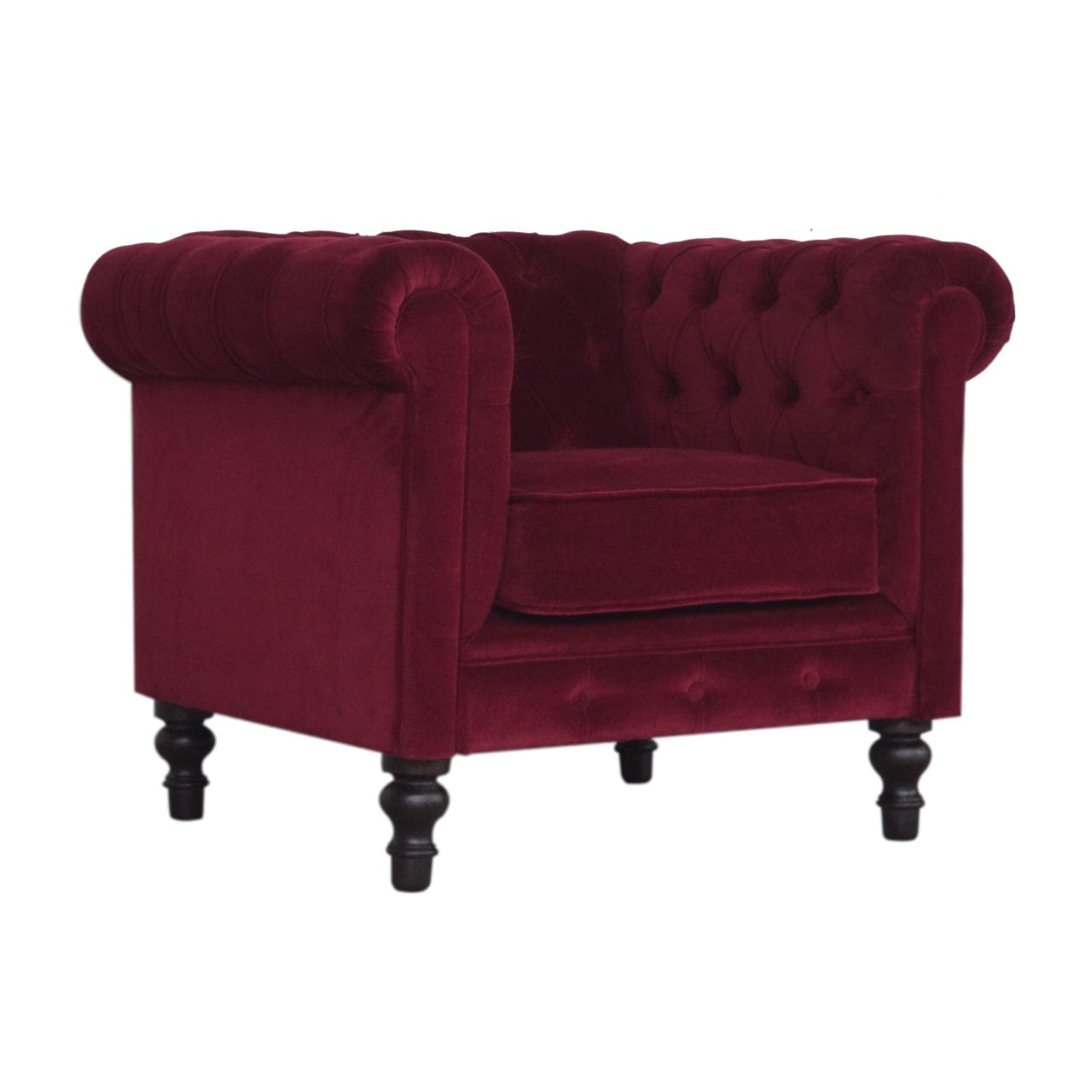 Mid-Century Modern Wine Red Chesterfield Armchair - Solid Mango Wood Accent Chair for Living Room - product view 2...