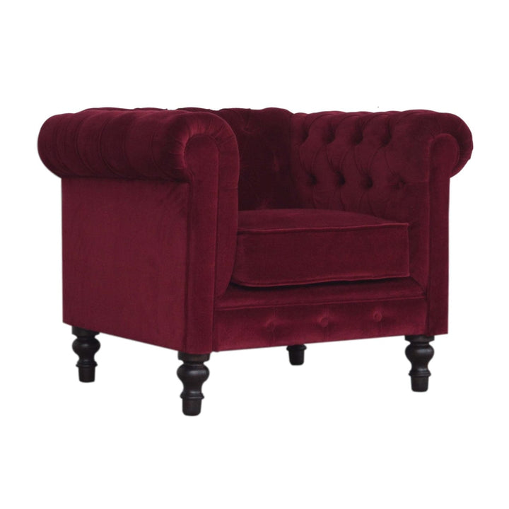 Mid-Century Modern Wine Red Chesterfield Armchair - Solid Mango Wood Accent Chair for Living Room - product view 2...
