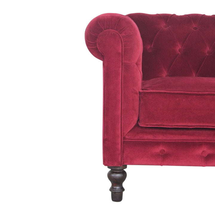 Mid-Century Modern Wine Red Chesterfield Armchair - Solid Mango Wood Accent Chair for Living Room - product view 4...