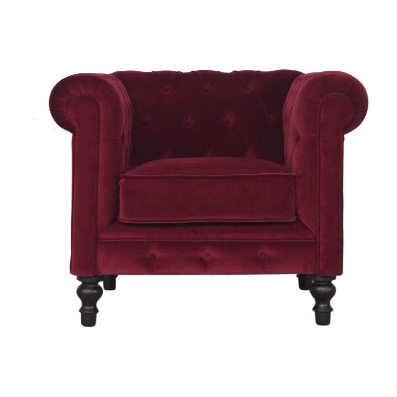 Mid-Century Modern Wine Red Chesterfield Armchair - Solid Mango Wood Accent Chair for Living Room - main view showing...