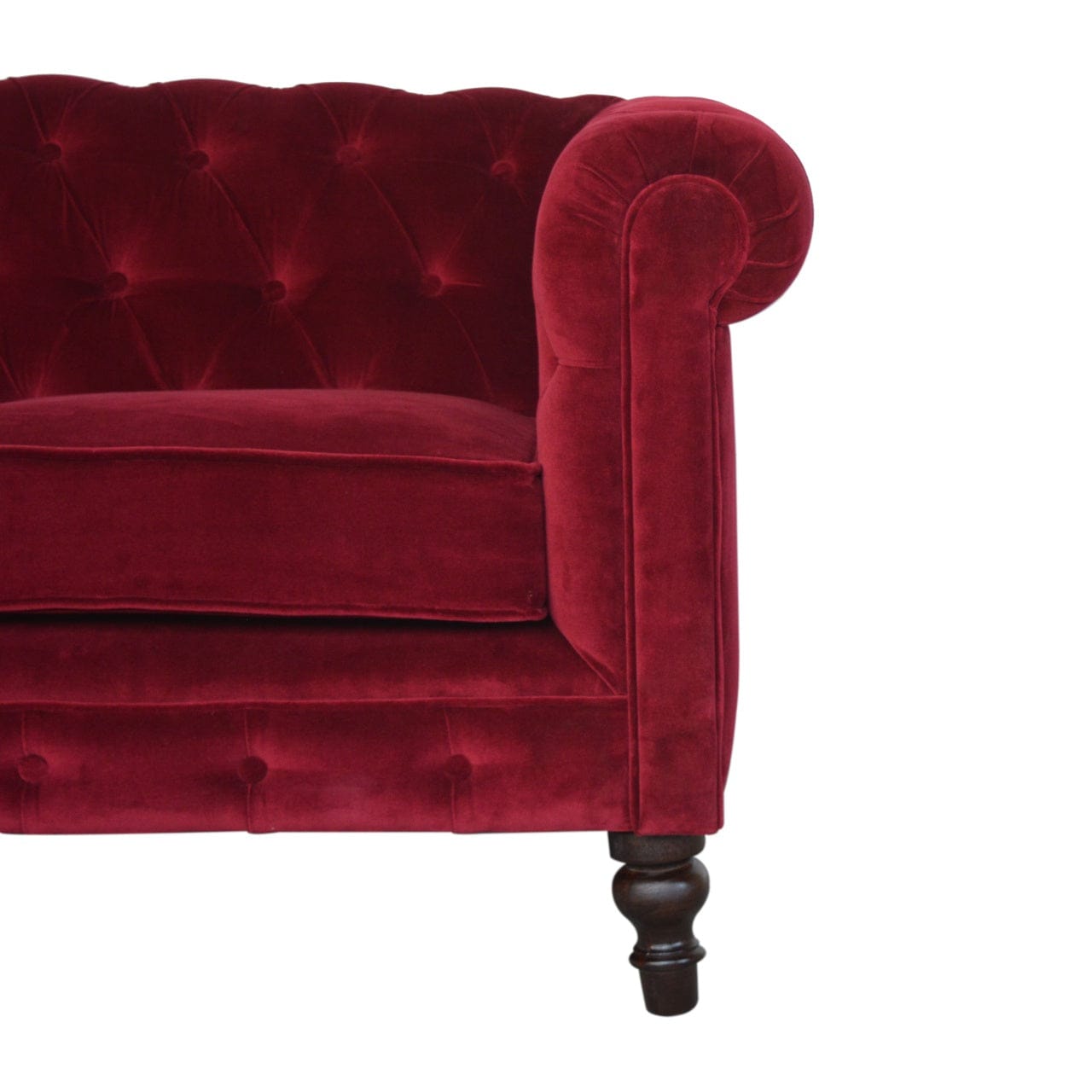 Mid-Century Modern Wine Red Velvet Chesterfield Sofa - Solid Mango Wood Couch for Living Room - product view 4 showing...