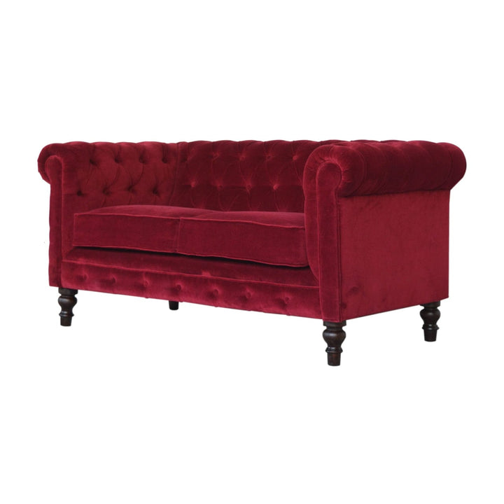Mid-Century Modern Wine Red Velvet Chesterfield Sofa - Solid Mango Wood Couch for Living Room - product view 3 showing...