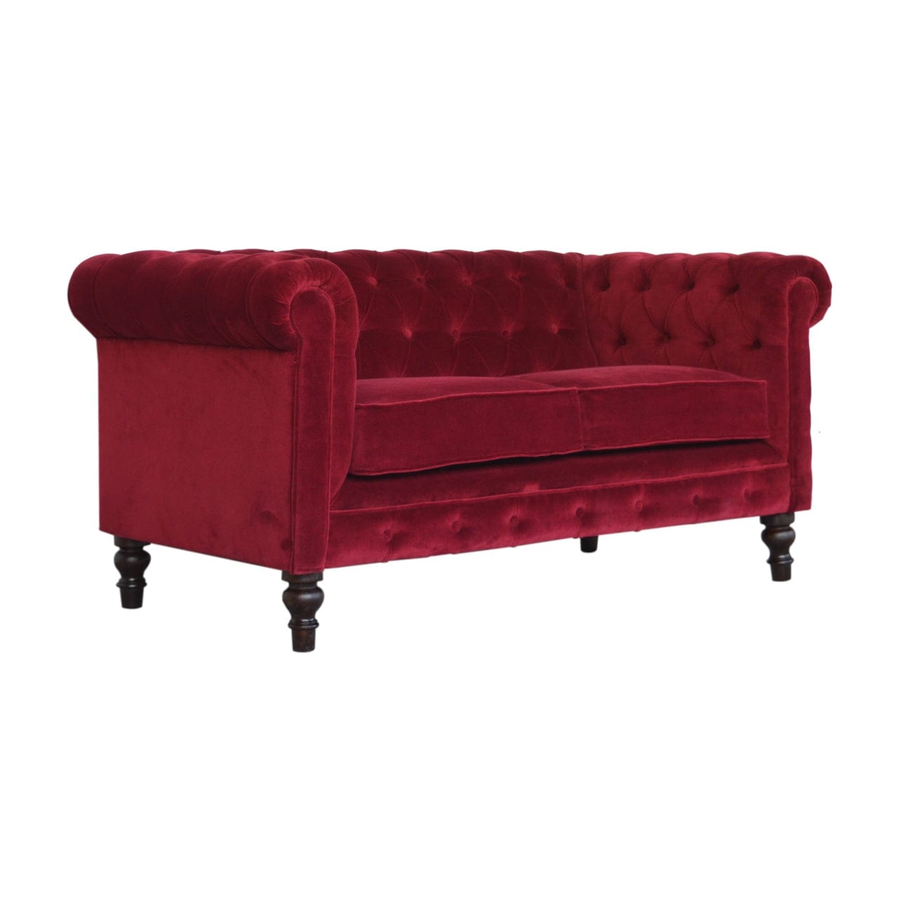 Mid-Century Modern Wine Red Velvet Chesterfield Sofa - Solid Mango Wood Couch for Living Room - product view 2 showing...