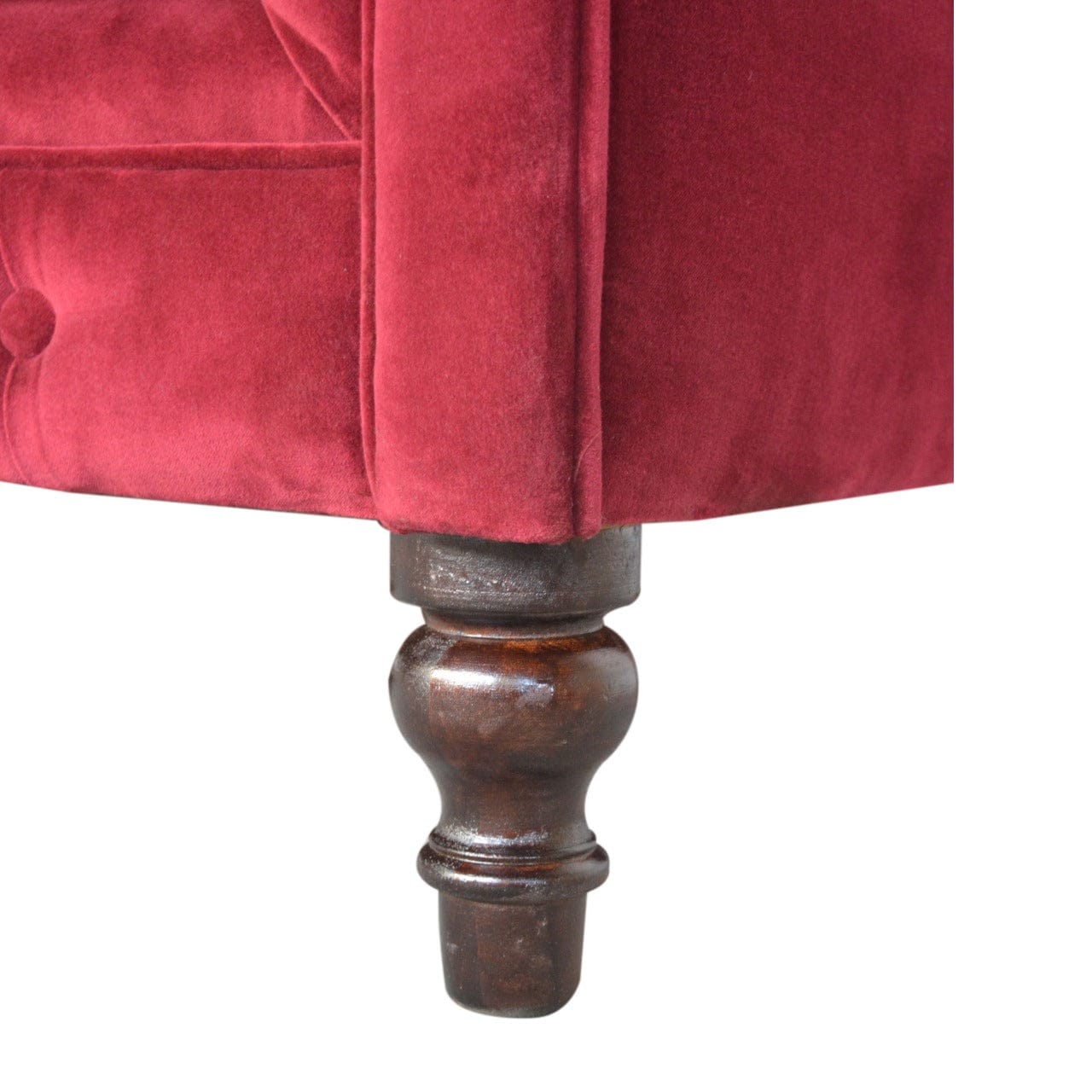 Mid-Century Modern Wine Red Velvet Chesterfield Sofa - Solid Mango Wood Couch for Living Room - product view 7 showing...