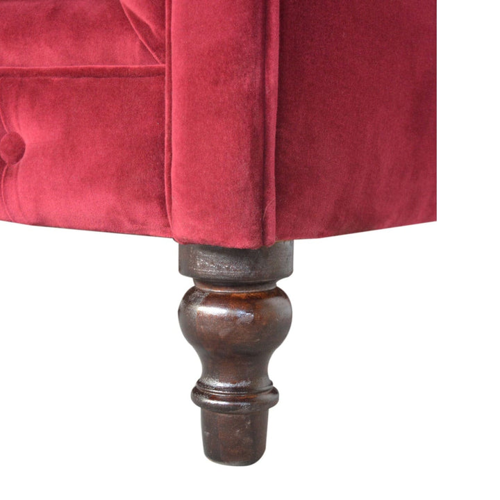 Mid-Century Modern Wine Red Velvet Chesterfield Sofa - Solid Mango Wood Couch for Living Room - product view 7 showing...