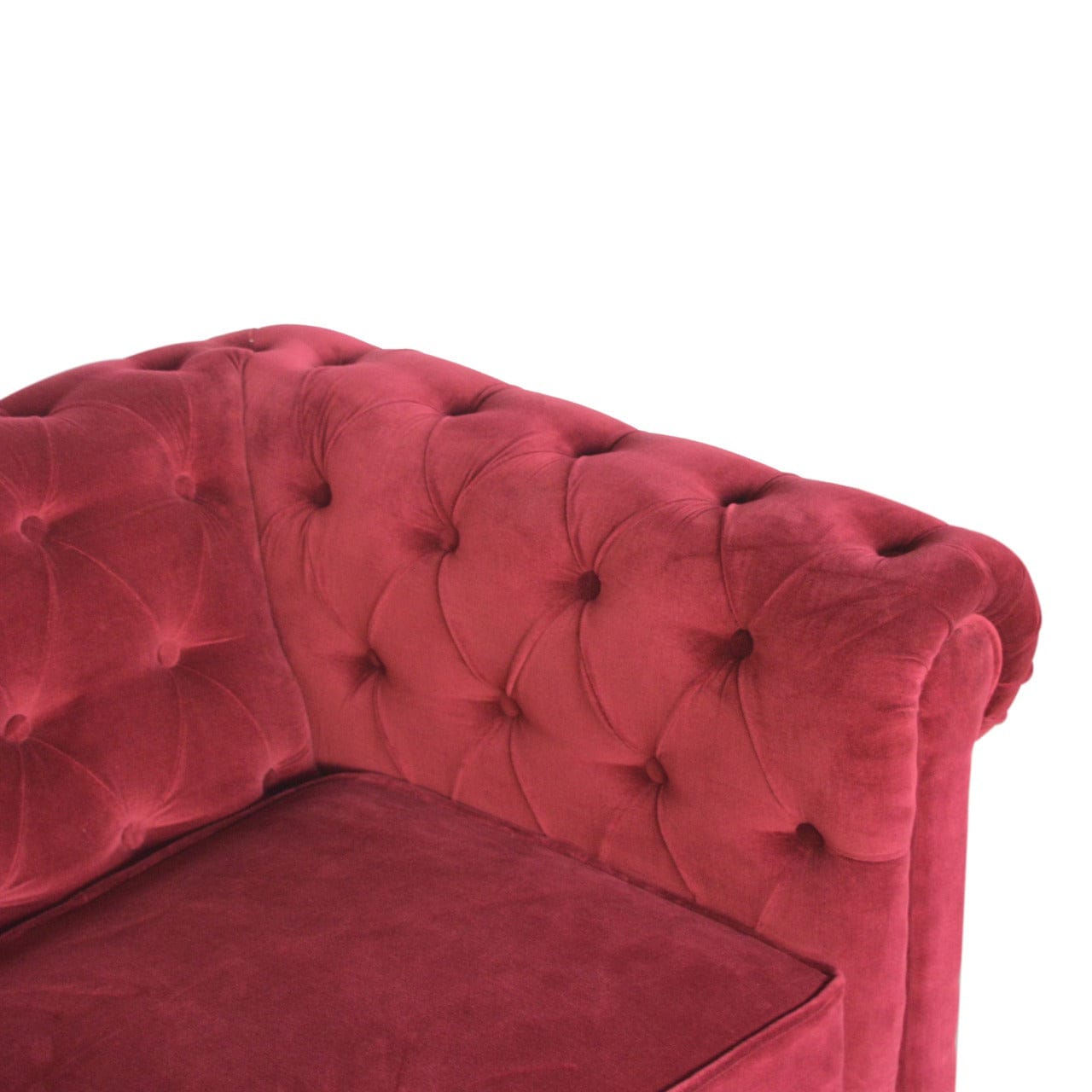 Mid-Century Modern Wine Red Velvet Chesterfield Sofa - Solid Mango Wood Couch for Living Room - product view 6 showing...