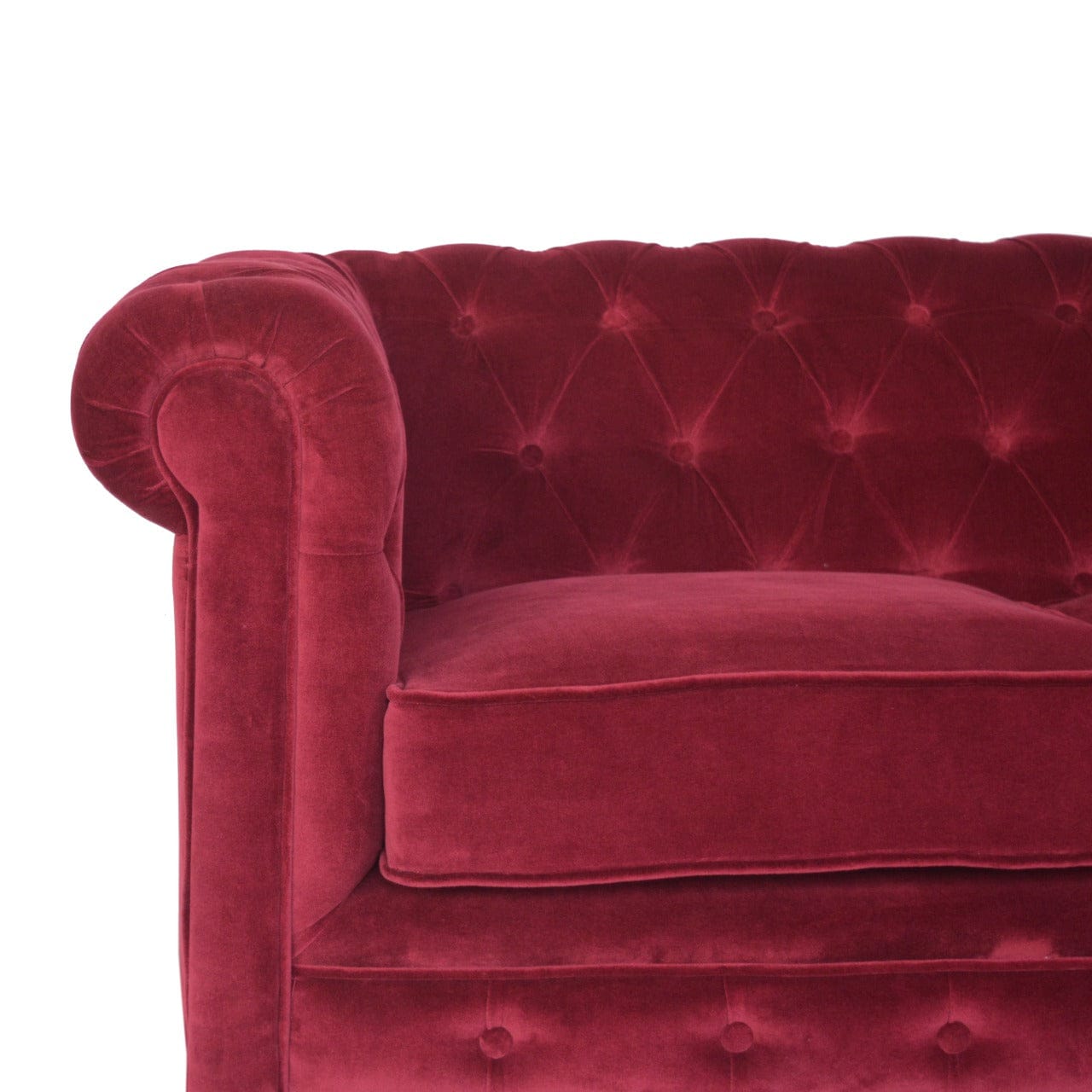 Mid-Century Modern Wine Red Velvet Chesterfield Sofa - Solid Mango Wood Couch for Living Room - product view 5 showing...
