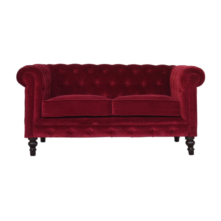Mid-Century Modern Wine Red Velvet Chesterfield Sofa - Solid Mango Wood Couch for Living Room - main view showing...