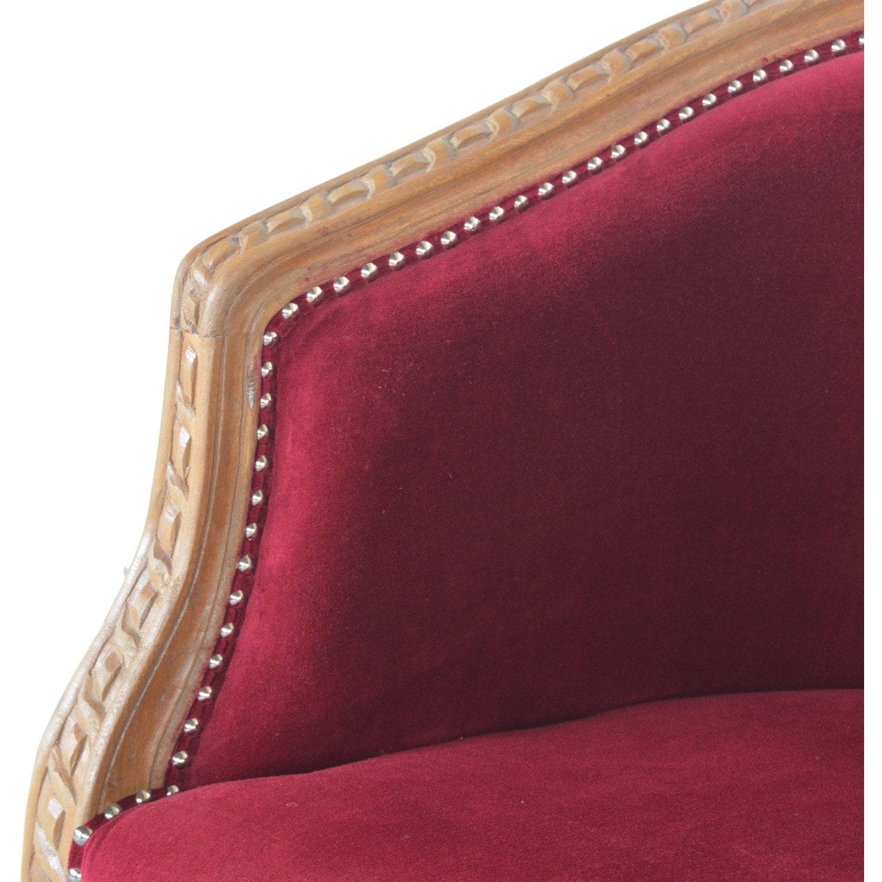 Mid-Century Modern Wine Red Velvet Occasional Chair in Solid Mango Wood - product view 5 showing handcrafted solid mango...