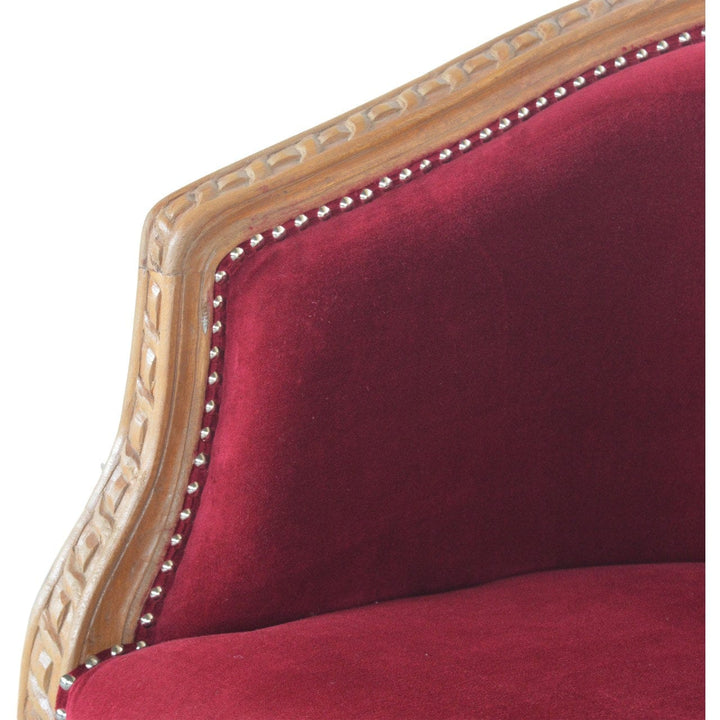 Mid-Century Modern Wine Red Velvet Occasional Chair in Solid Mango Wood - product view 5 showing handcrafted solid mango...