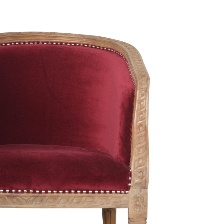 Mid-Century Modern Wine Red Velvet Occasional Chair in Solid Mango Wood - product view 4 showing handcrafted solid mango...