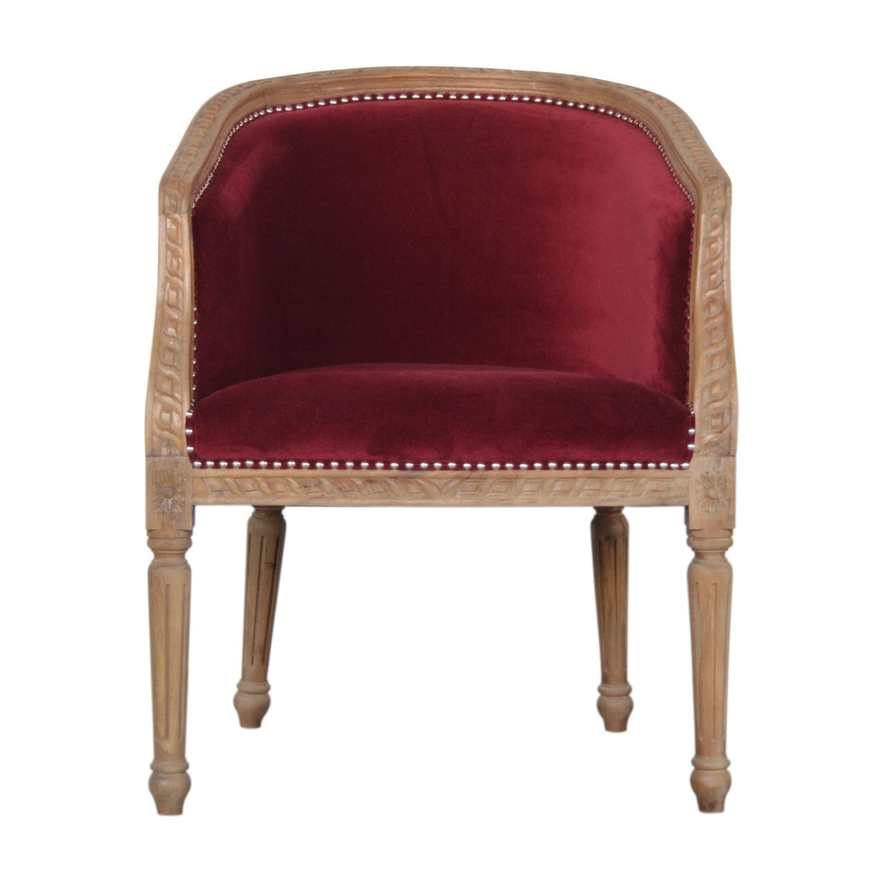 Mid-Century Modern Wine Red Velvet Occasional Chair in Solid Mango Wood - main view showing handcrafted solid mango wood...