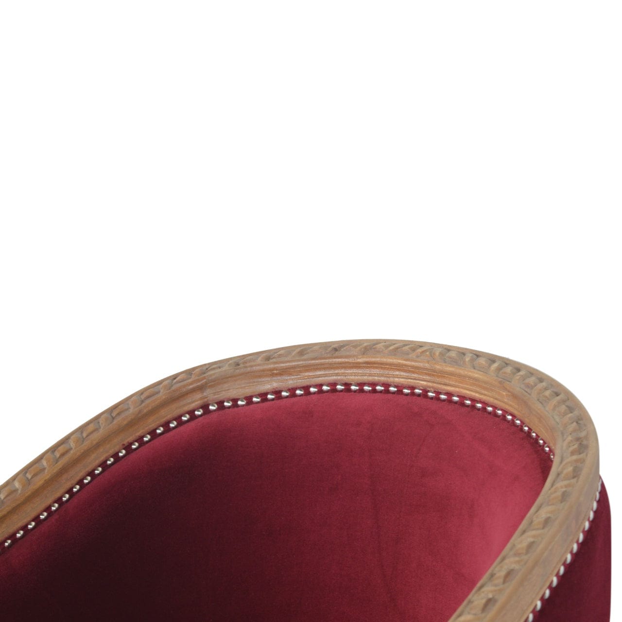 Mid-Century Modern Wine Red Velvet Occasional Chair in Solid Mango Wood - product view 6 showing handcrafted solid mango...