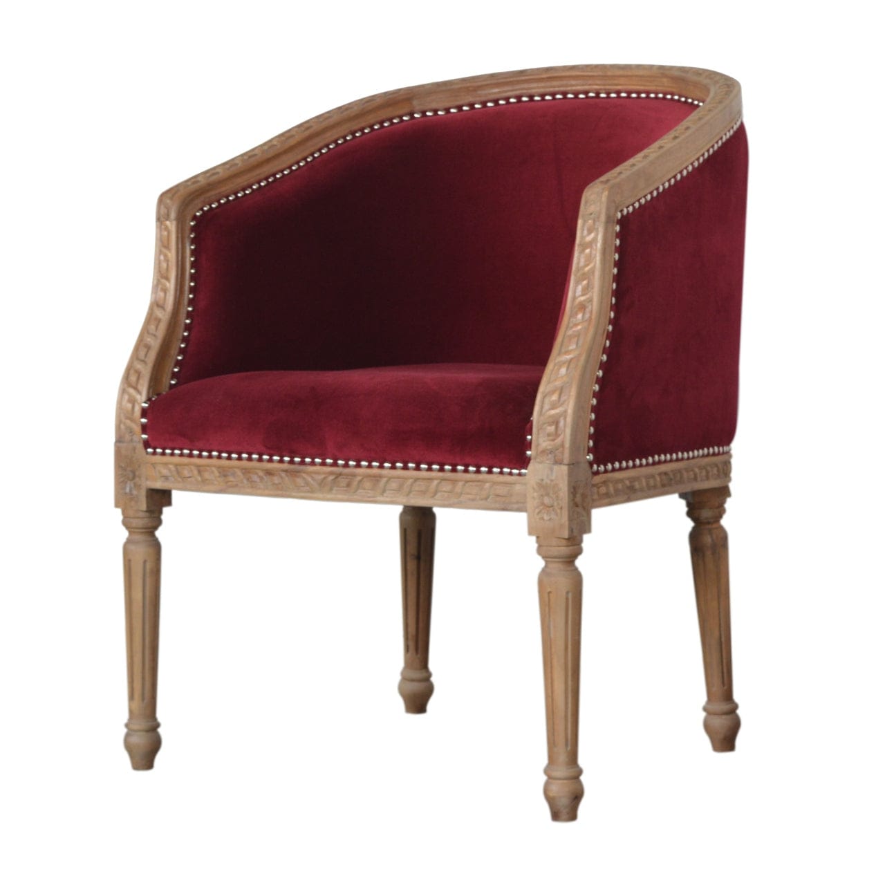 Mid-Century Modern Wine Red Velvet Occasional Chair in Solid Mango Wood - product view 2 showing handcrafted solid mango...