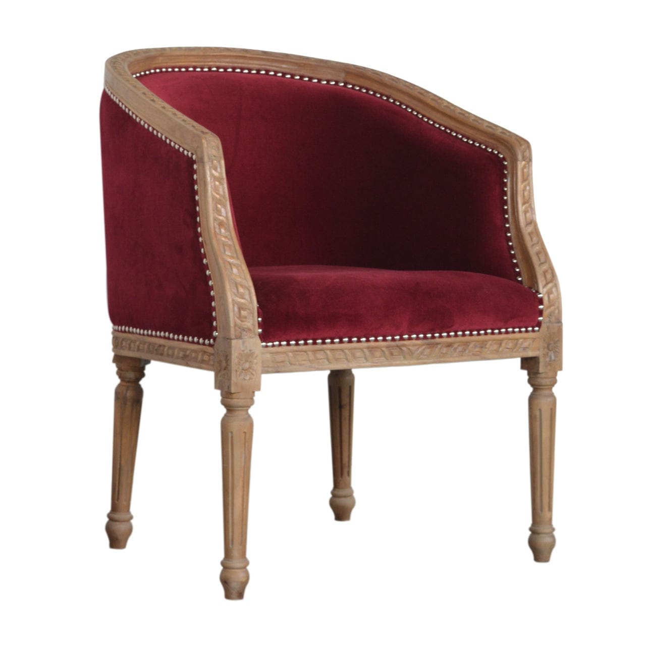 Mid-Century Modern Wine Red Velvet Occasional Chair in Solid Mango Wood - product view 3 showing handcrafted solid mango...