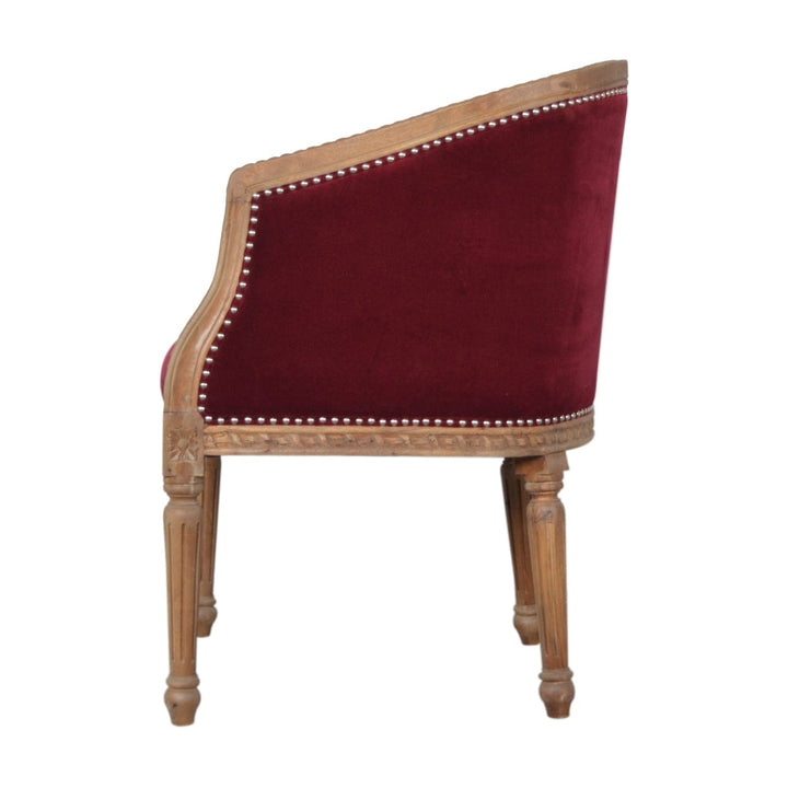 Mid-Century Modern Wine Red Velvet Occasional Chair in Solid Mango Wood - product view 8 showing handcrafted solid mango...