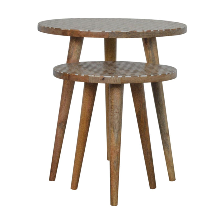 Mid-Century Modern White Pattern Footstool - Solid Mango Wood Accent Stool for Living Room - product view 5 showing...