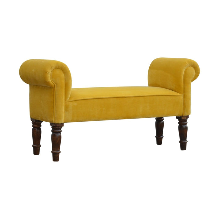 Mid-Century Modern Velvet Bench - Solid Mango Wood Seating Furniture for Entryway - product view 2 showing handcrafted...