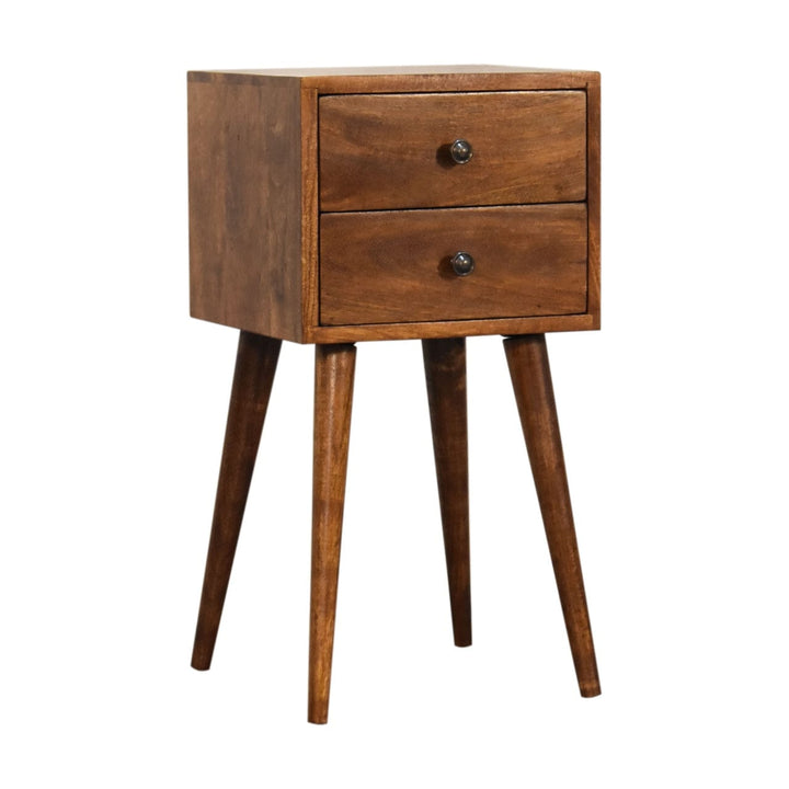 Mini 2 Drawer Chestnut Nightstand - Solid Mango Wood Bedside Table for Bedroom - product view 3 showing handcrafted solid...