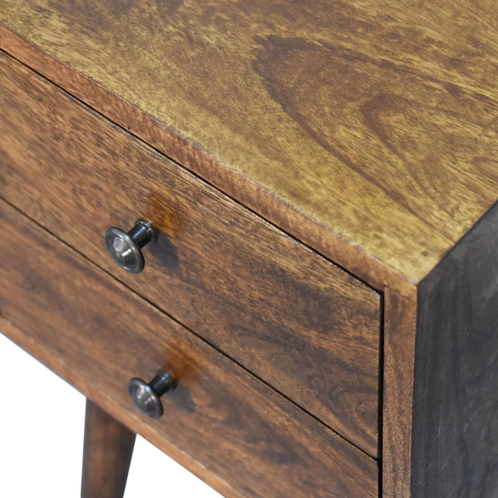 Mini 2 Drawer Chestnut Nightstand - Solid Mango Wood Bedside Table for Bedroom - product view 5 showing handcrafted solid...