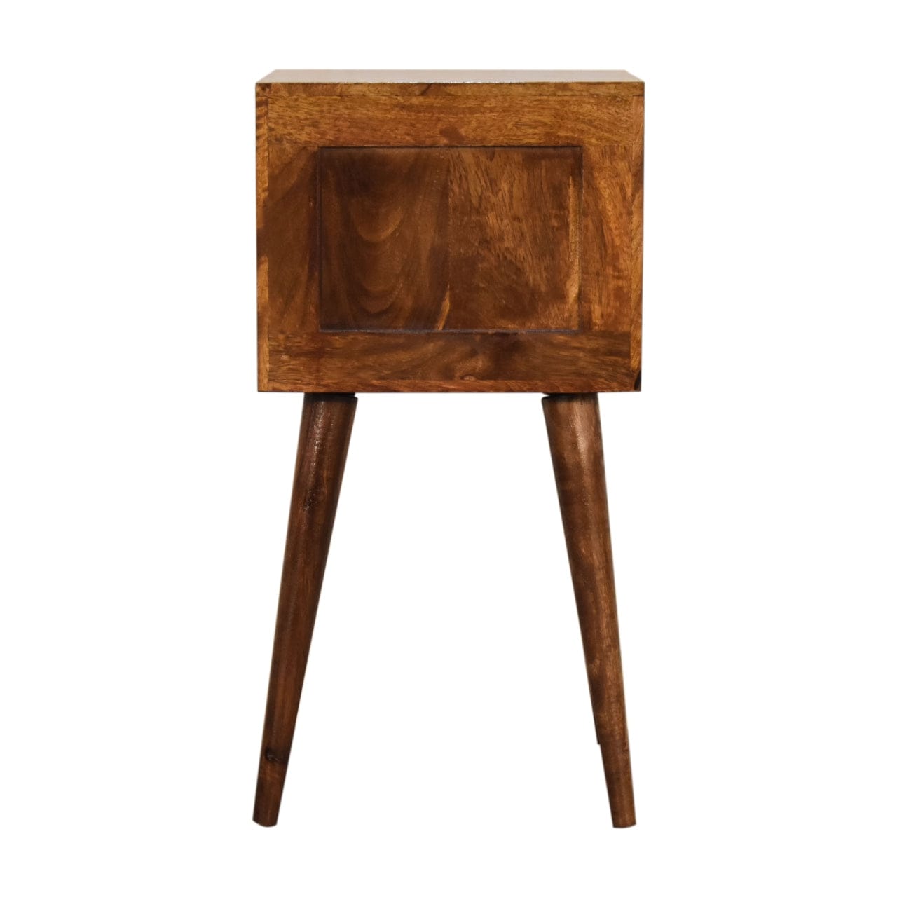 Mini 2 Drawer Chestnut Nightstand - Solid Mango Wood Bedside Table for Bedroom - product view 8 showing handcrafted solid...
