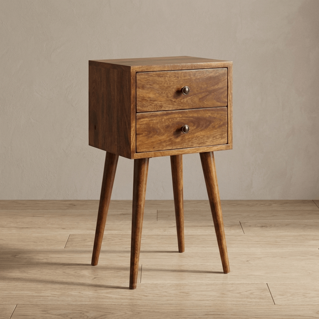 Mini 2 Drawer Chestnut Nightstand - Solid Mango Wood Bedside Table for Bedroom - main view showing handcrafted solid...