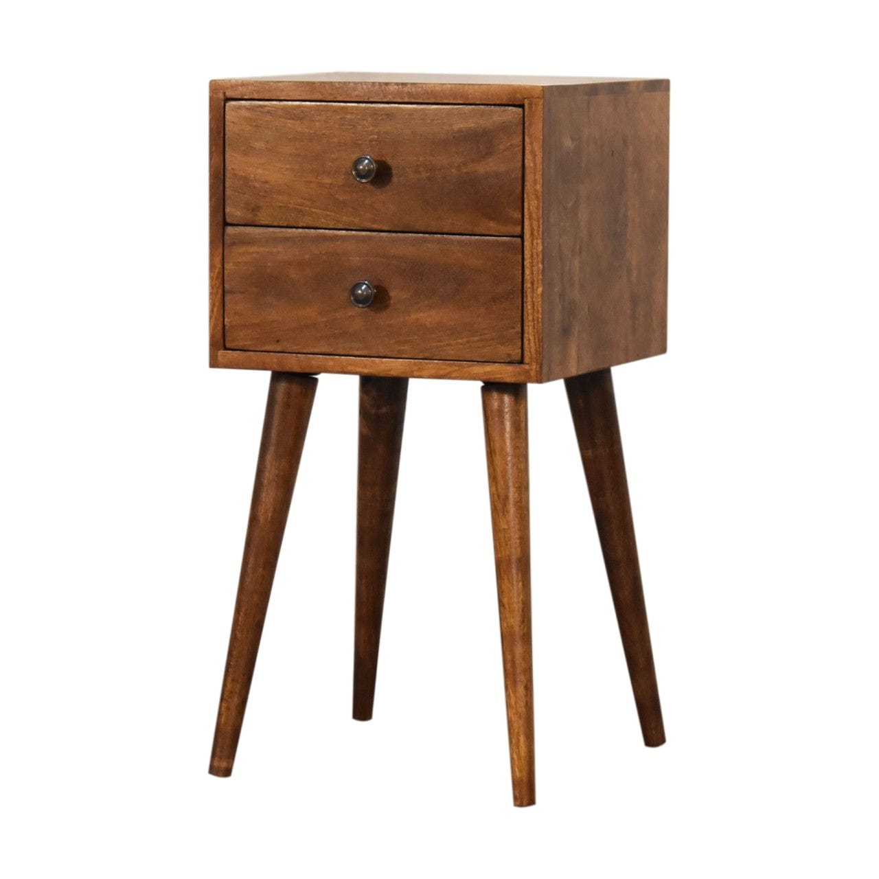 Mini 2 Drawer Chestnut Nightstand - Solid Mango Wood Bedside Table for Bedroom - product view 2 showing handcrafted solid...