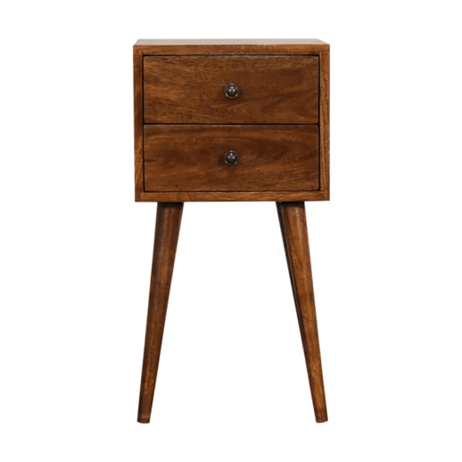 Mini 2 Drawer Chestnut Nightstand - Solid Mango Wood Bedside Table for Bedroom - product view 9 showing handcrafted solid...