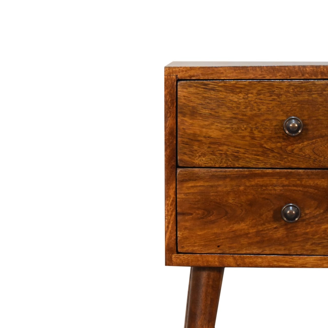 Mini 2 Drawer Chestnut Nightstand - Solid Mango Wood Bedside Table for Bedroom - product view 4 showing handcrafted solid...