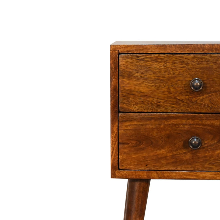 Mini 2 Drawer Chestnut Nightstand - Solid Mango Wood Bedside Table for Bedroom - product view 4 showing handcrafted solid...