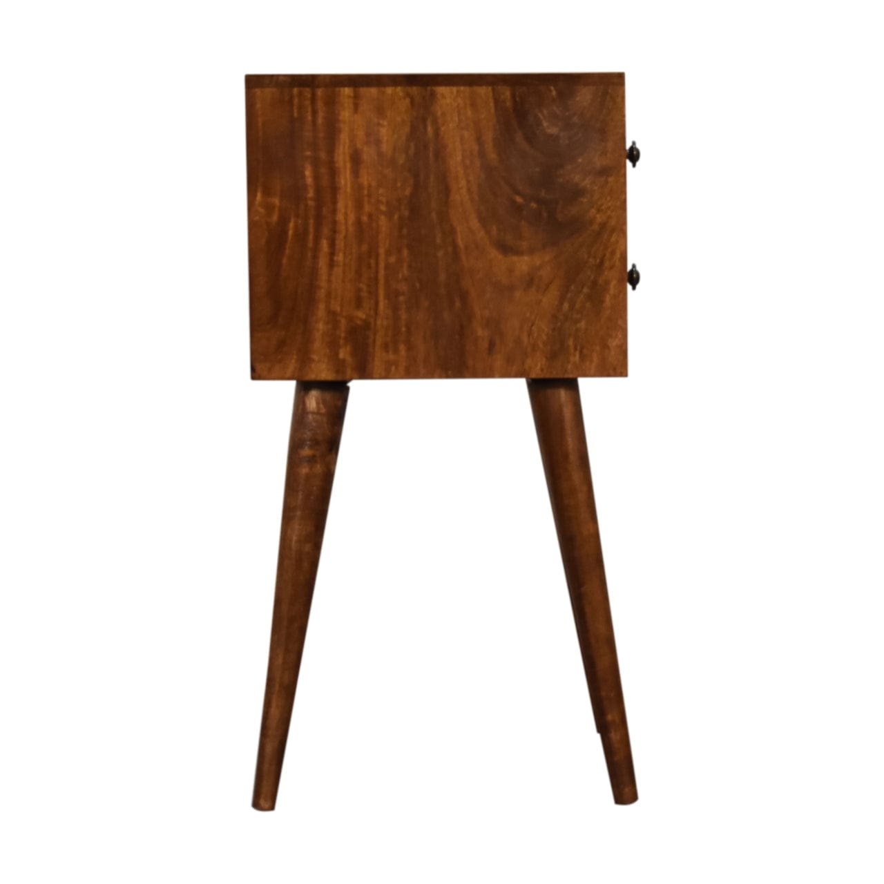 Mini 2 Drawer Chestnut Nightstand - Solid Mango Wood Bedside Table for Bedroom - product view 7 showing handcrafted solid...