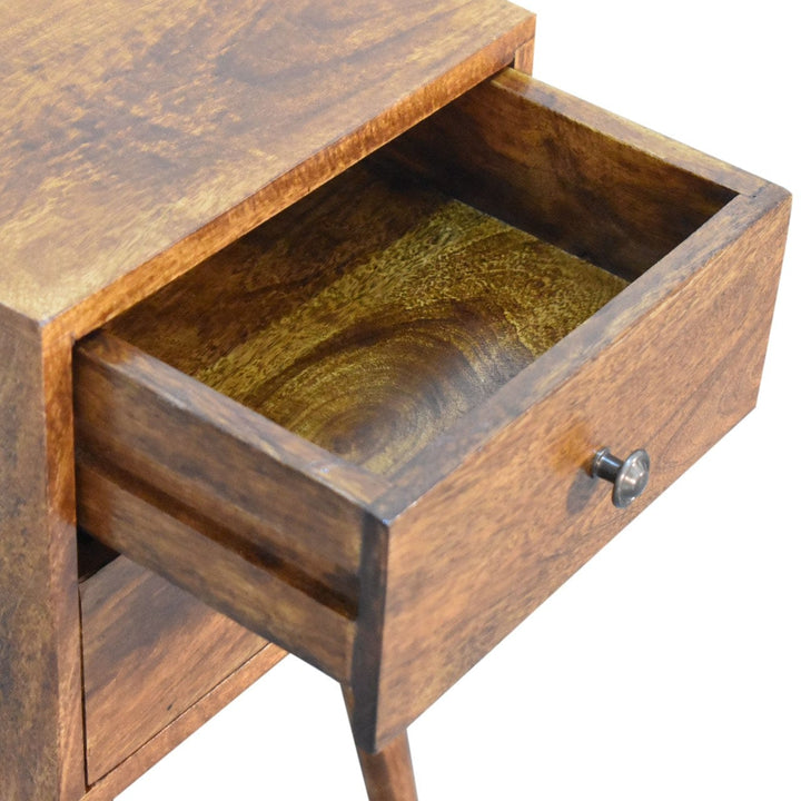 Mini 2 Drawer Chestnut Nightstand - Solid Mango Wood Bedside Table for Bedroom - product view 6 showing handcrafted solid...