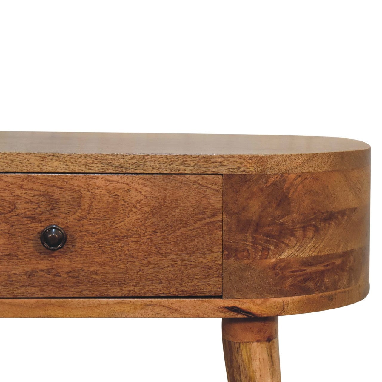 Close-up of handcrafted entryway console table showcasing solid mango wood and storage drawer.