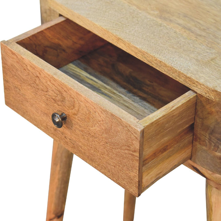 Handcrafted entryway console table with an open drawer showcasing storage space.