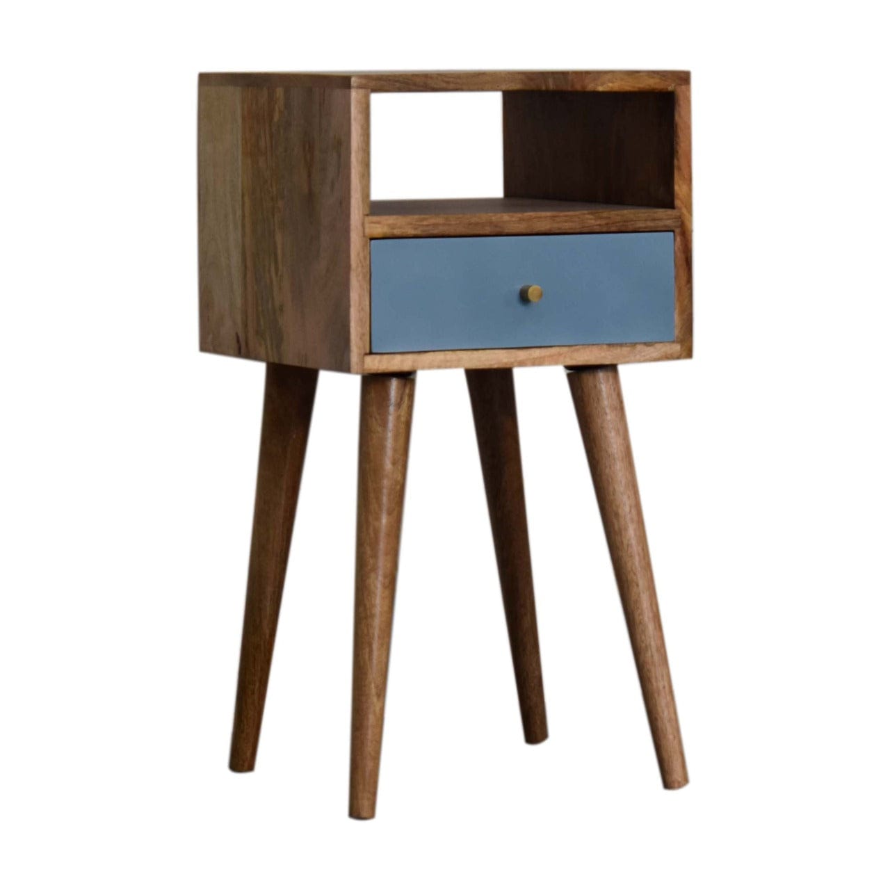 Mini Blue Hand Painted Nightstand - Solid Mango Wood Bedside Table for Bedroom - main view showing handcrafted solid...