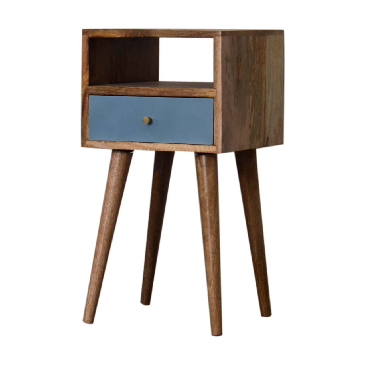 Mini Blue Hand Painted Nightstand - Solid Mango Wood Bedside Table for Bedroom - product view 2 showing handcrafted solid...